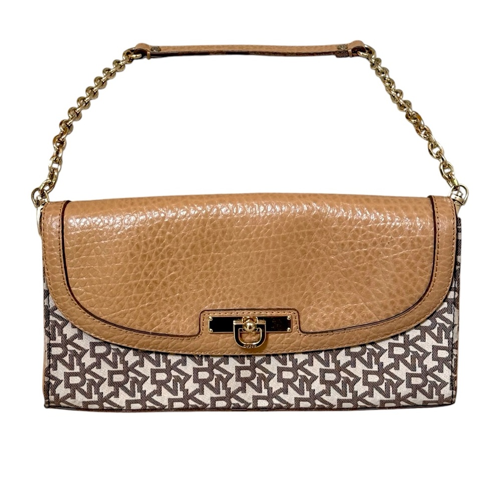 DKNY Shoulder Bag Brown Monogram Logo Pebbled Leather Y2K Baguette Women Small